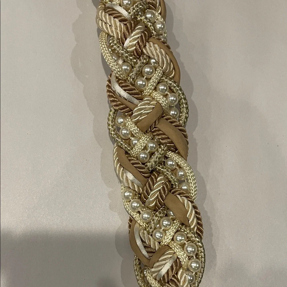 Vintage Braided Rope Belt with Hook Closure – Gold & Ivory Beaded Boho Accessory